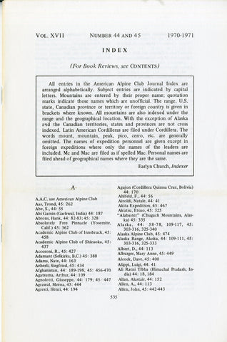 American Alpine Journal Index - Vol. XVII, Nos. 44, 45 (1970 & 1971)