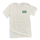 Cement-colored triblend t-shirt with a green logo on the front right side