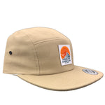 Khaki five panel hat with retro orange and navy mountain logo