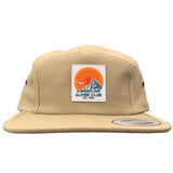 Khaki five panel hat with retro orange and navy mountain logo